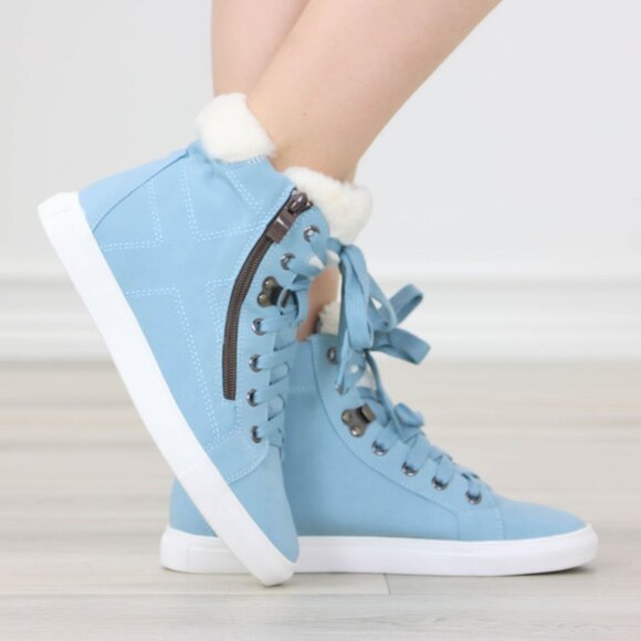High Tops Womens Fashion Sneakers Shoes Fuzzy Ankle Light Blue - Picture 4 of 13